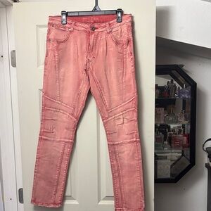 Pink Straight Leg Jeans with Moto Stitching